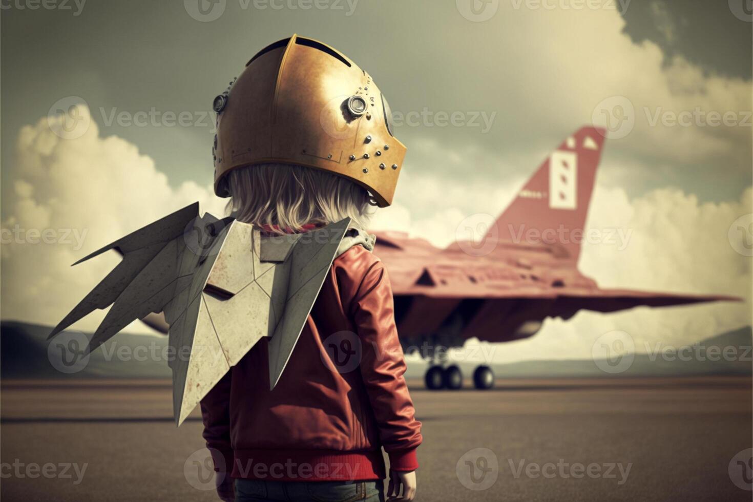 persona vistiendo un casco en pie en frente de un combatiente chorro. generativo ai. foto