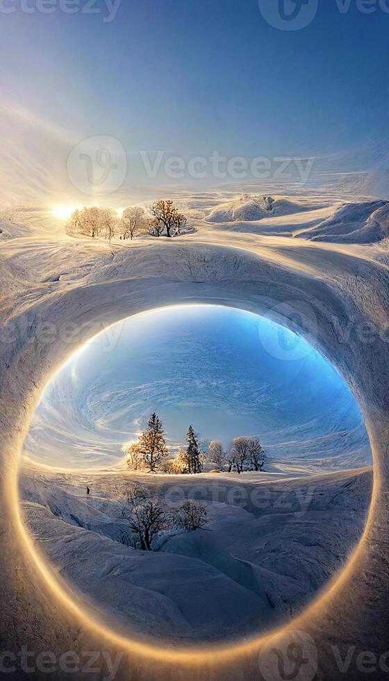 circulo en el medio de un nieve cubierto campo. generativo ai. foto