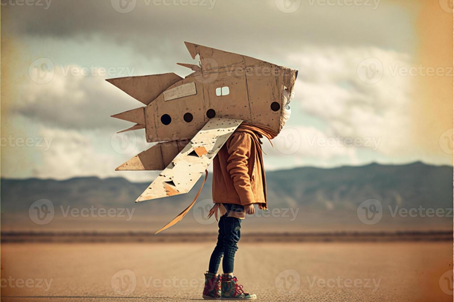 persona con un cartulina caja en su cabeza. generativo ai. foto