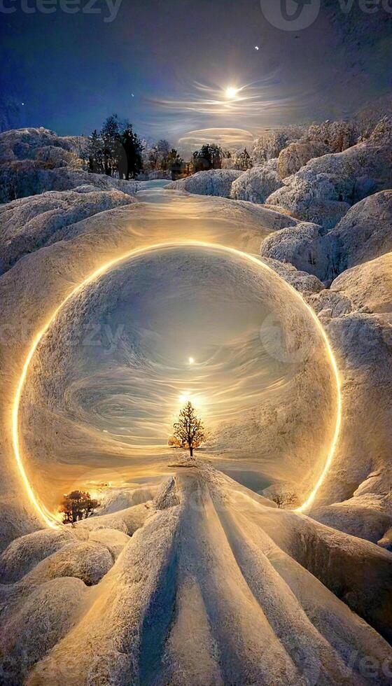 circle of light in the middle of a snowy landscape. . photo