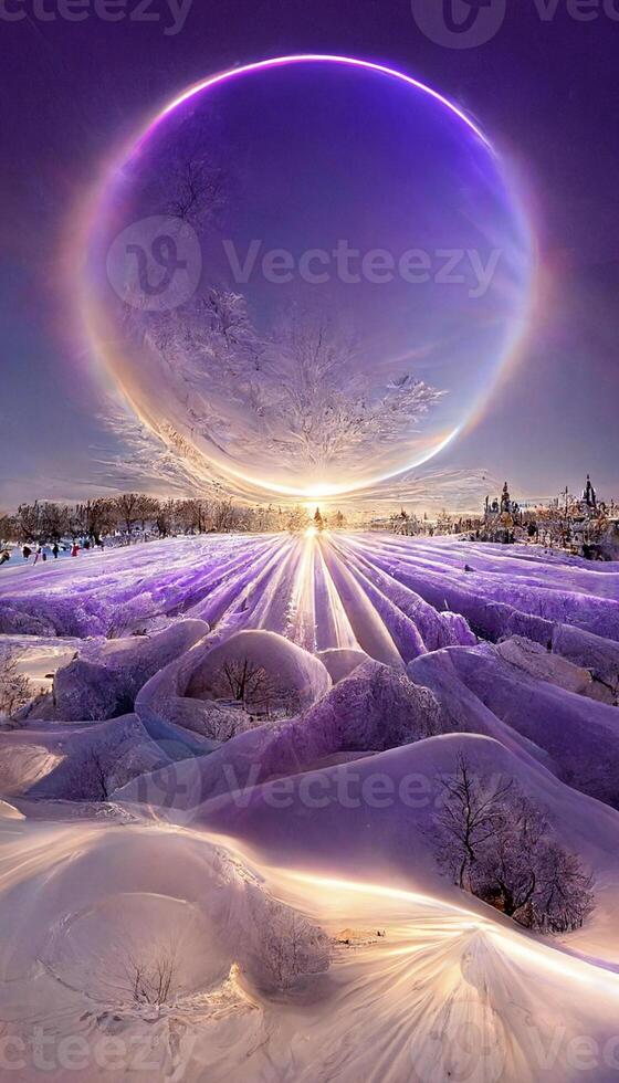 purple circle in the middle of a snow covered field. . photo