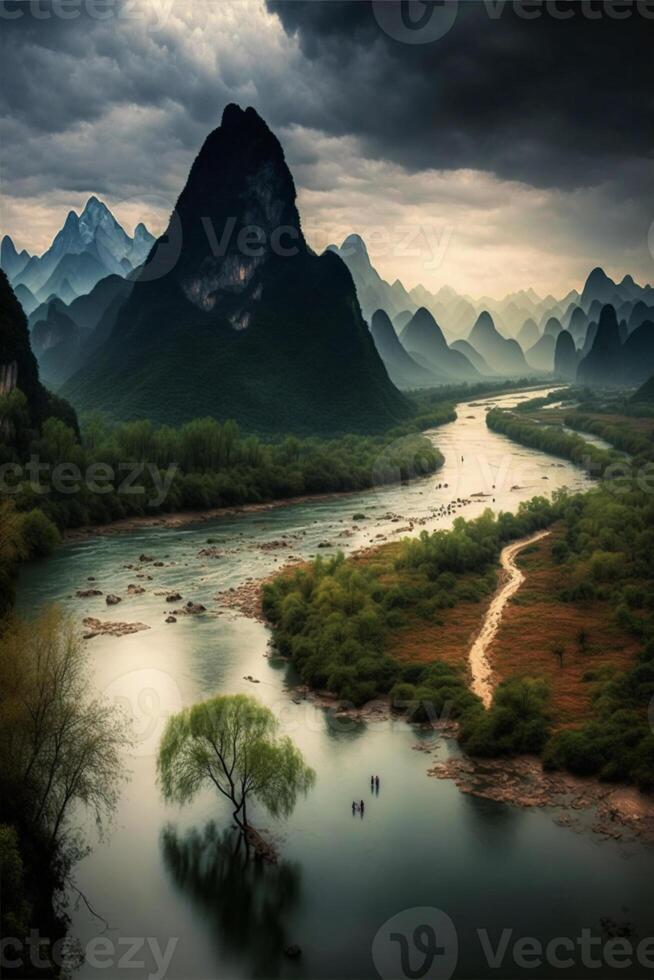 river running through a lush green valley. . photo