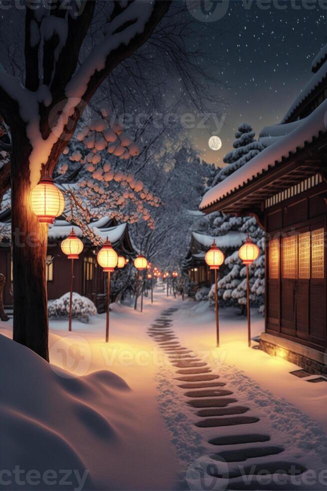 row of lanterns sitting on the side of a snow covered road. . photo