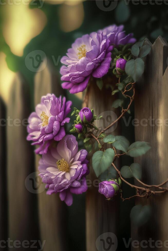 bunch of purple flowers sitting on top of a wooden fence. . photo