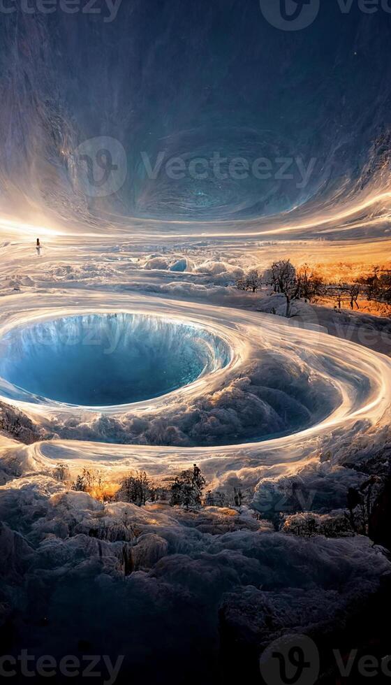 large hole in the middle of a snow covered field. . photo