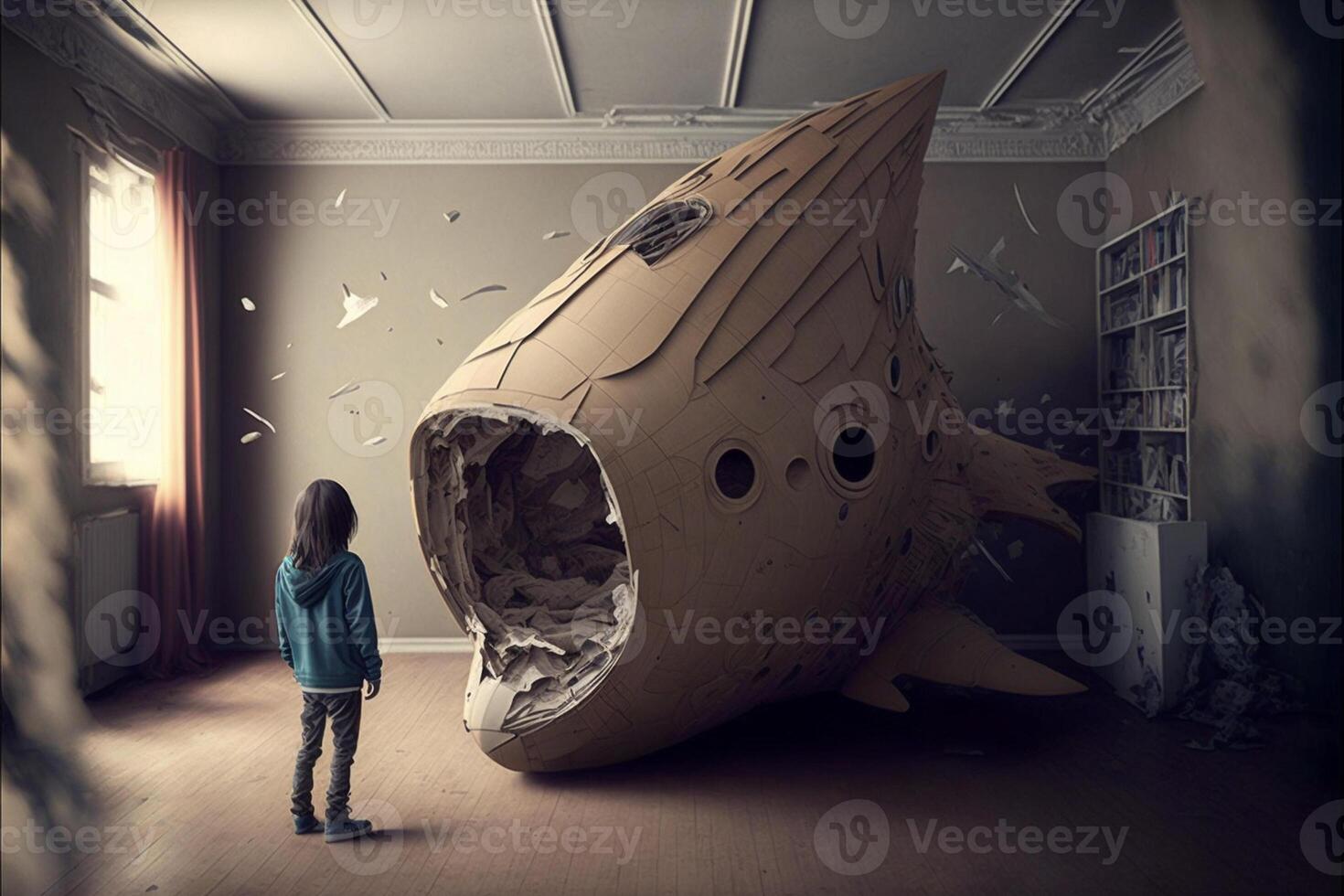 little girl standing in front of a cardboard fish. . photo