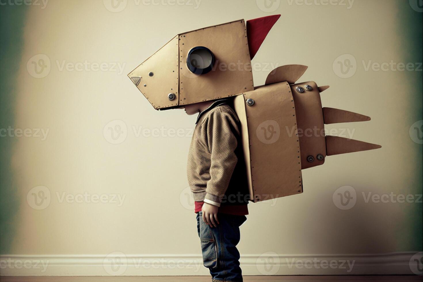 little boy wearing a cardboard dragon costume. . photo