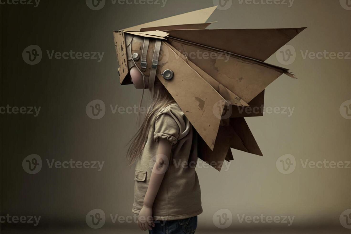 little girl with a paper airplane on her head. . photo