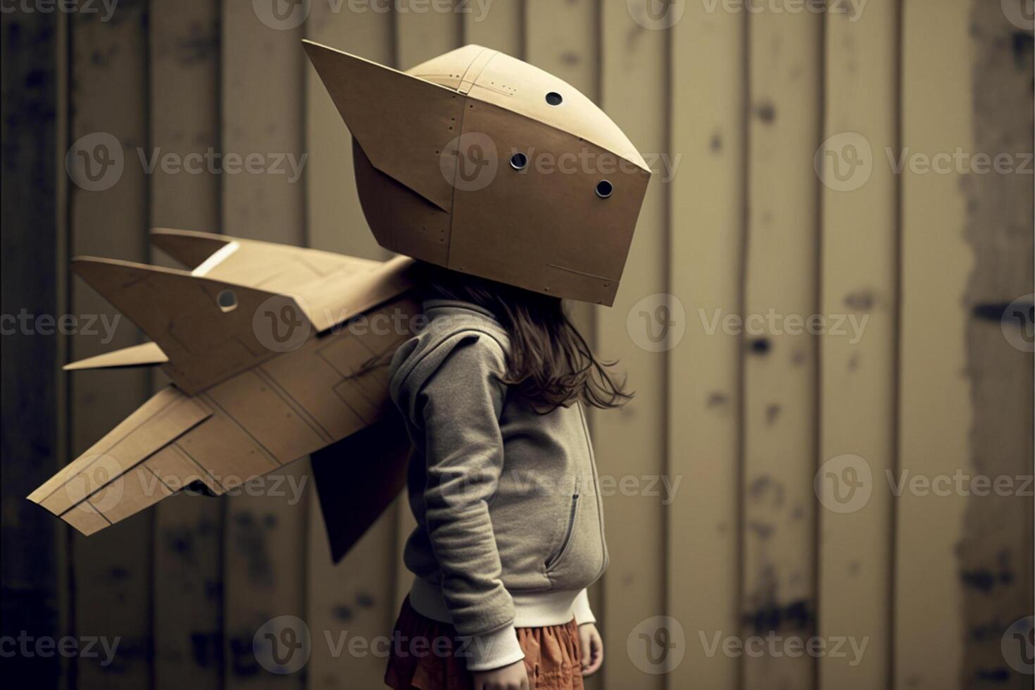 little girl with a cardboard airplane on her head. . photo