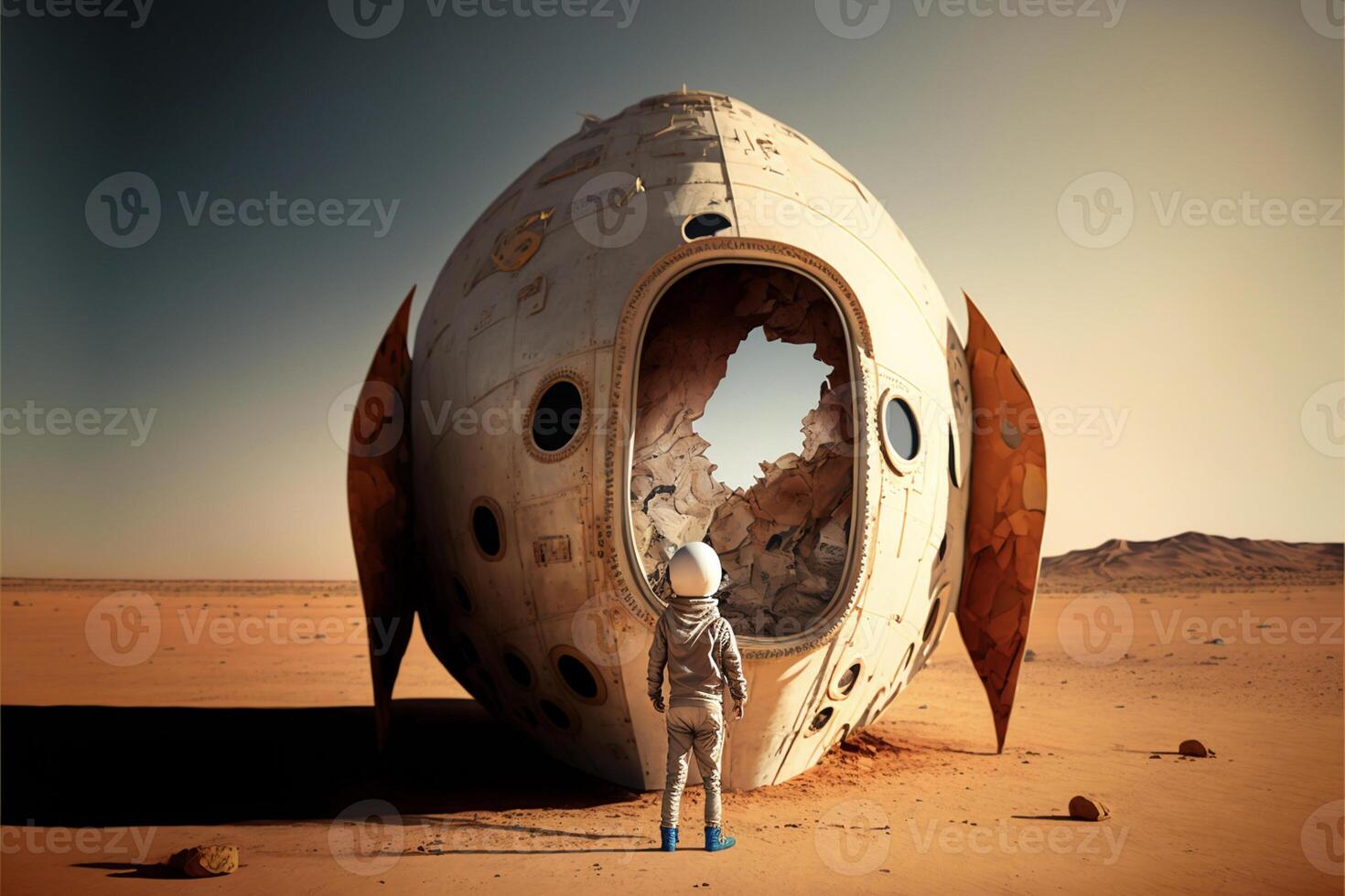 man standing in front of a space ship in the desert. . photo