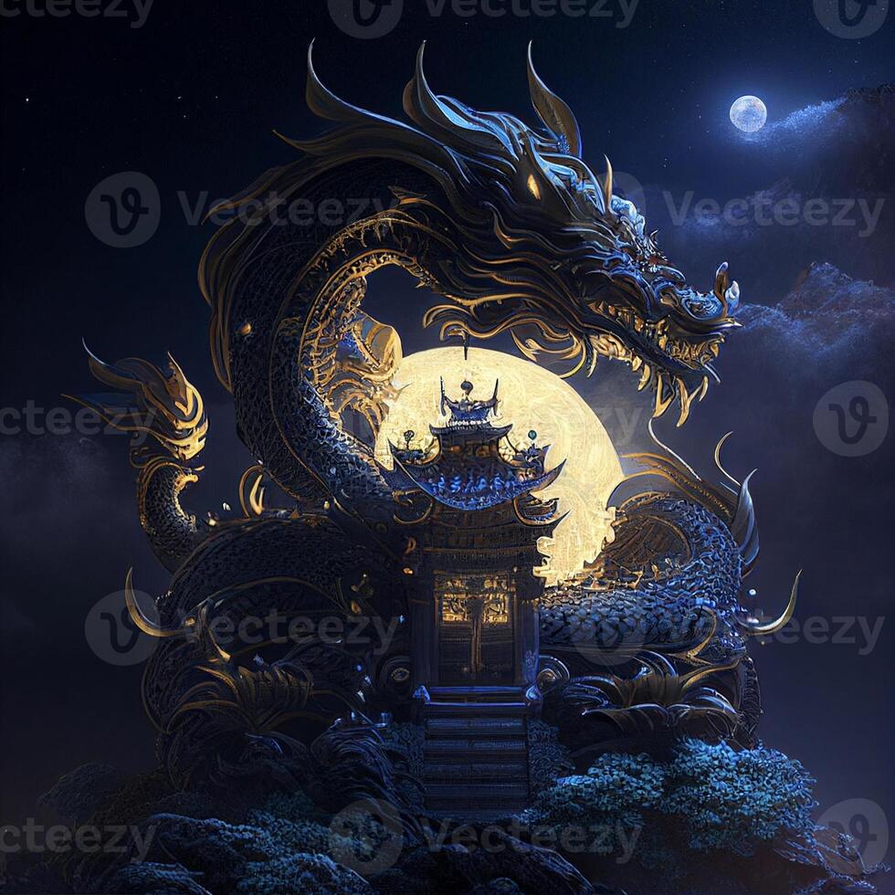 dragon statue in front of a full moon. . photo