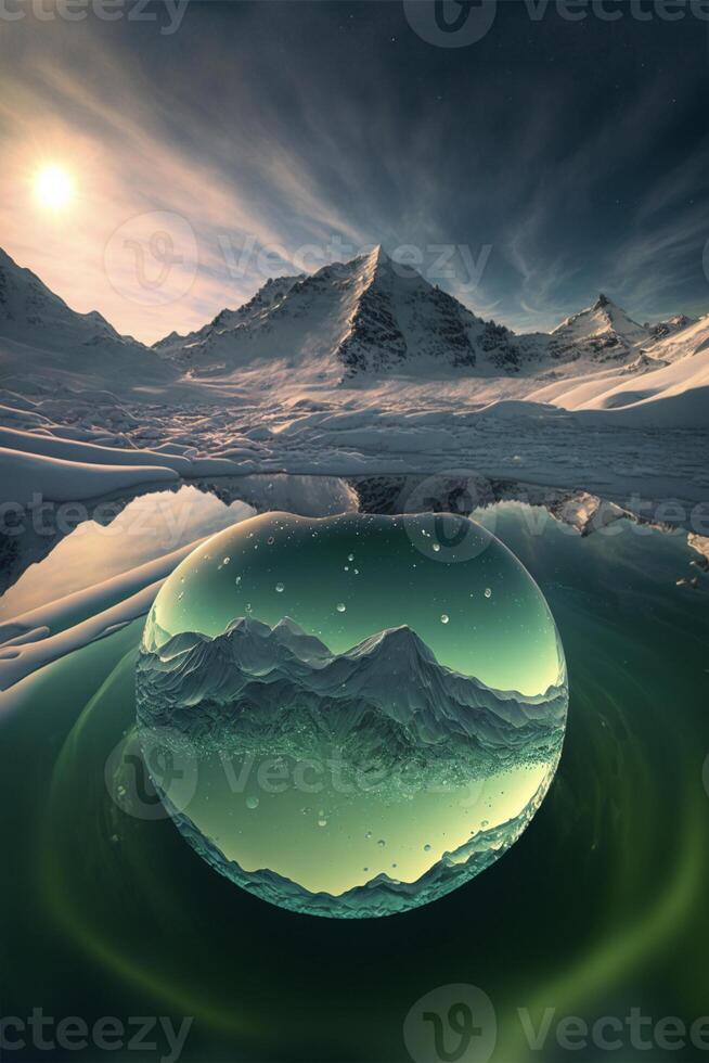 glass ball sitting on top of a body of water. . photo