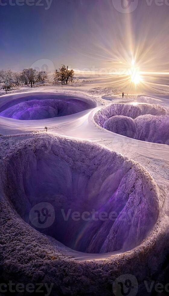 group of holes sitting on top of a snow covered ground. . photo