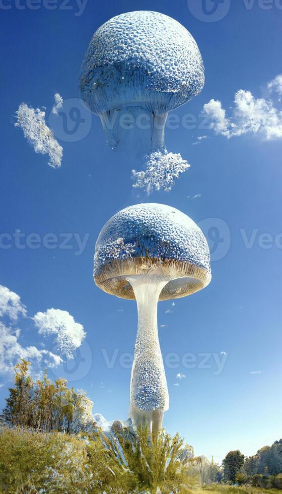 group of mushrooms sitting on top of a lush green field. . photo