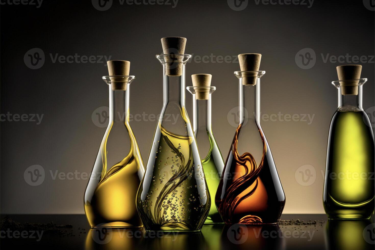 group of olive oil bottles sitting next to each other. . photo