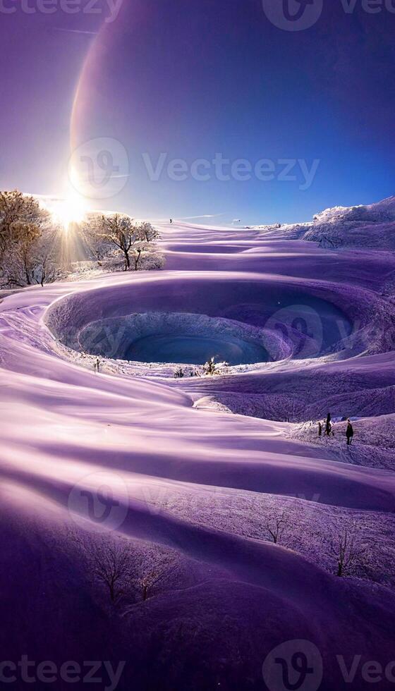 group of people riding skis down a snow covered slope. . photo