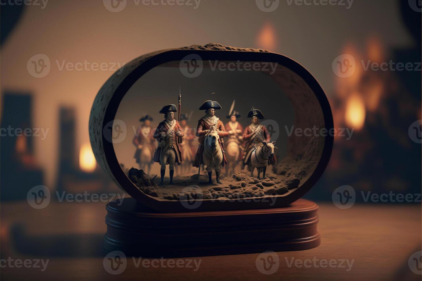 couple of figurines sitting on top of a wooden table. . photo