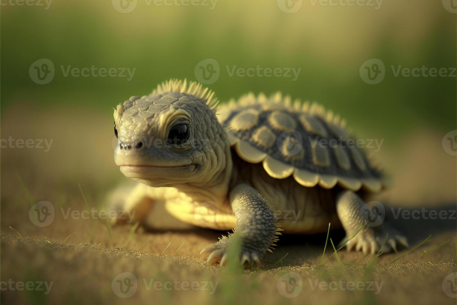 close up of a small turtle on the ground. . photo