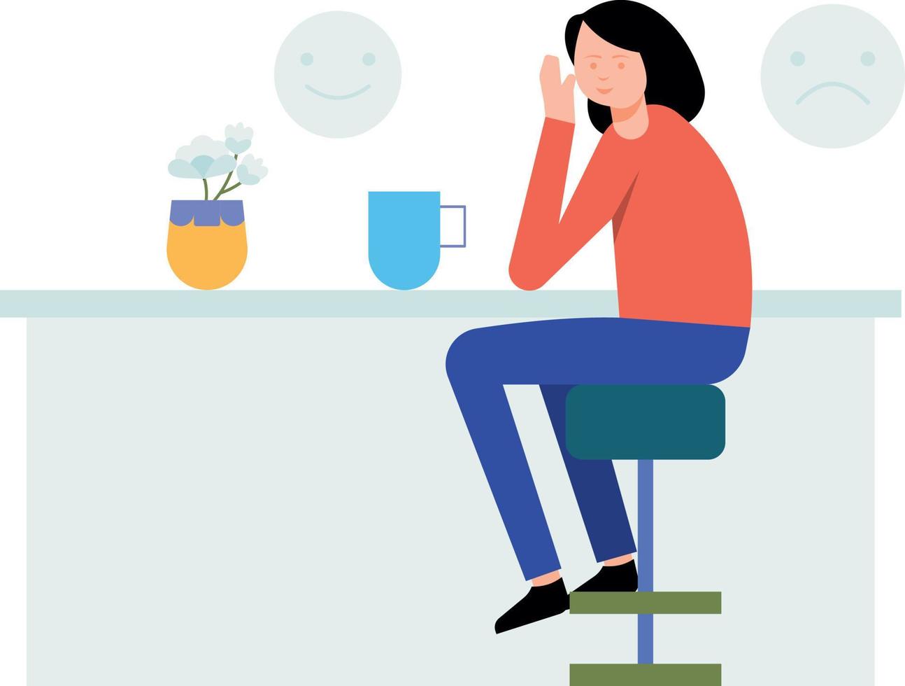 The girl is sitting with a cup of tea. vector