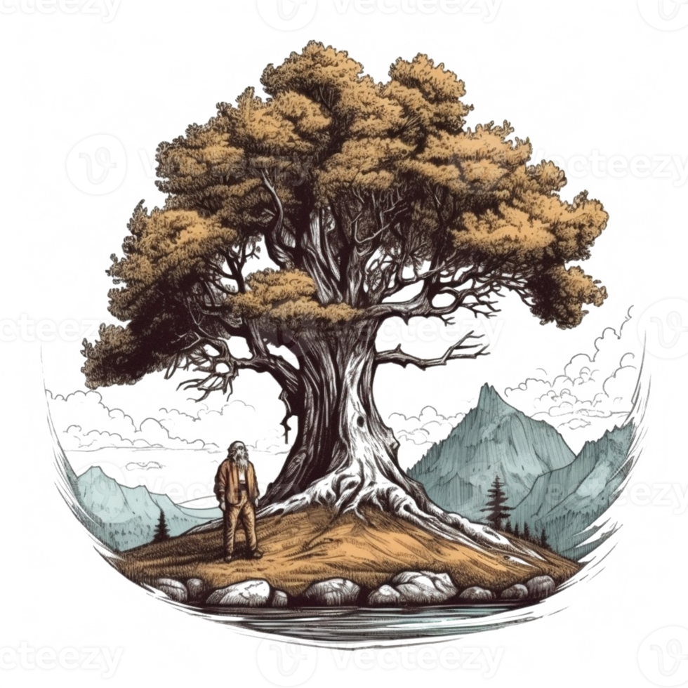 Aquarell Gemälde von alt Mann und Baum png