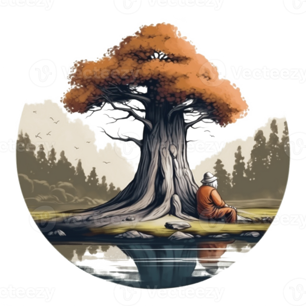 Watercolor painting of old man and tree png