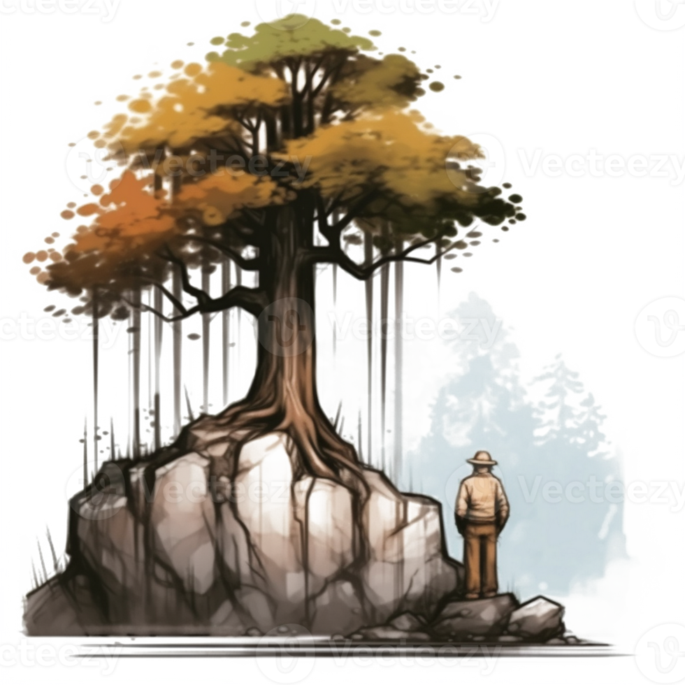 Watercolor painting of old man and tree png