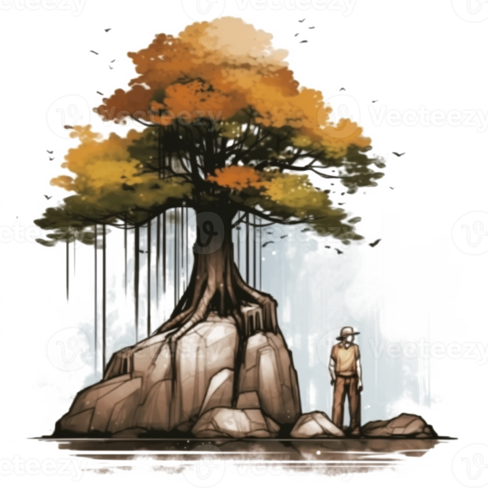 Watercolor painting of old man and tree png