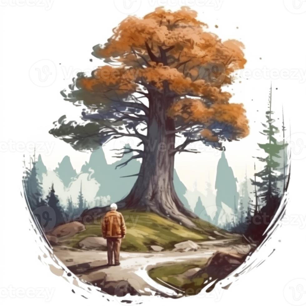 vattenfärg målning av gammal man och stor träd png