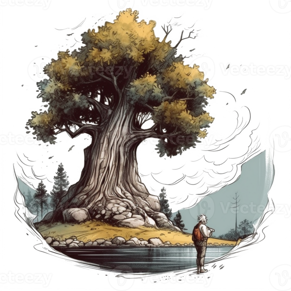 acquerello pittura di vecchio uomo e grande albero png