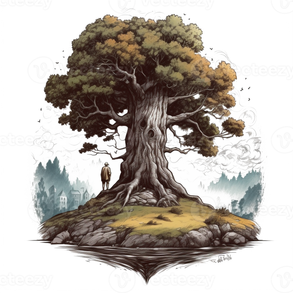 Aquarell Gemälde von alt Mann und groß Baum png