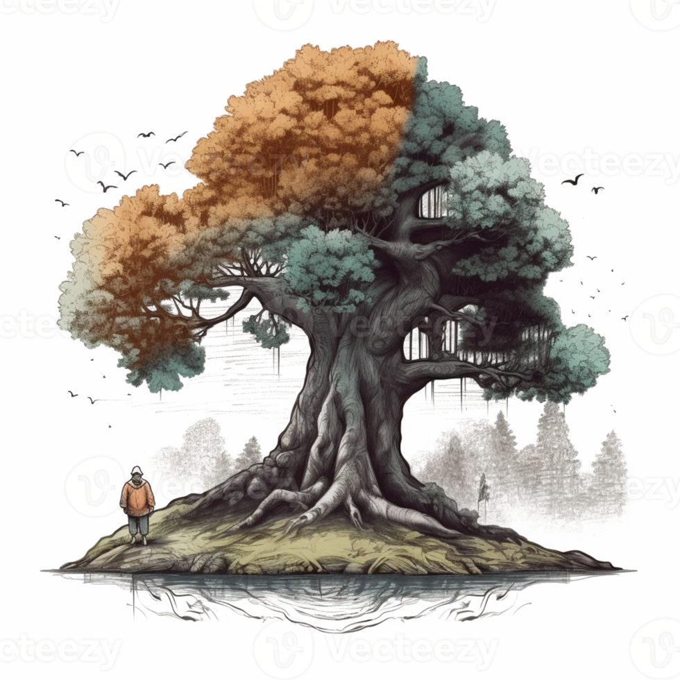 Watercolor painting of old man and big tree png