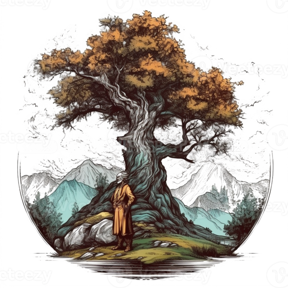 acuarela pintura de antiguo hombre y grande árbol png