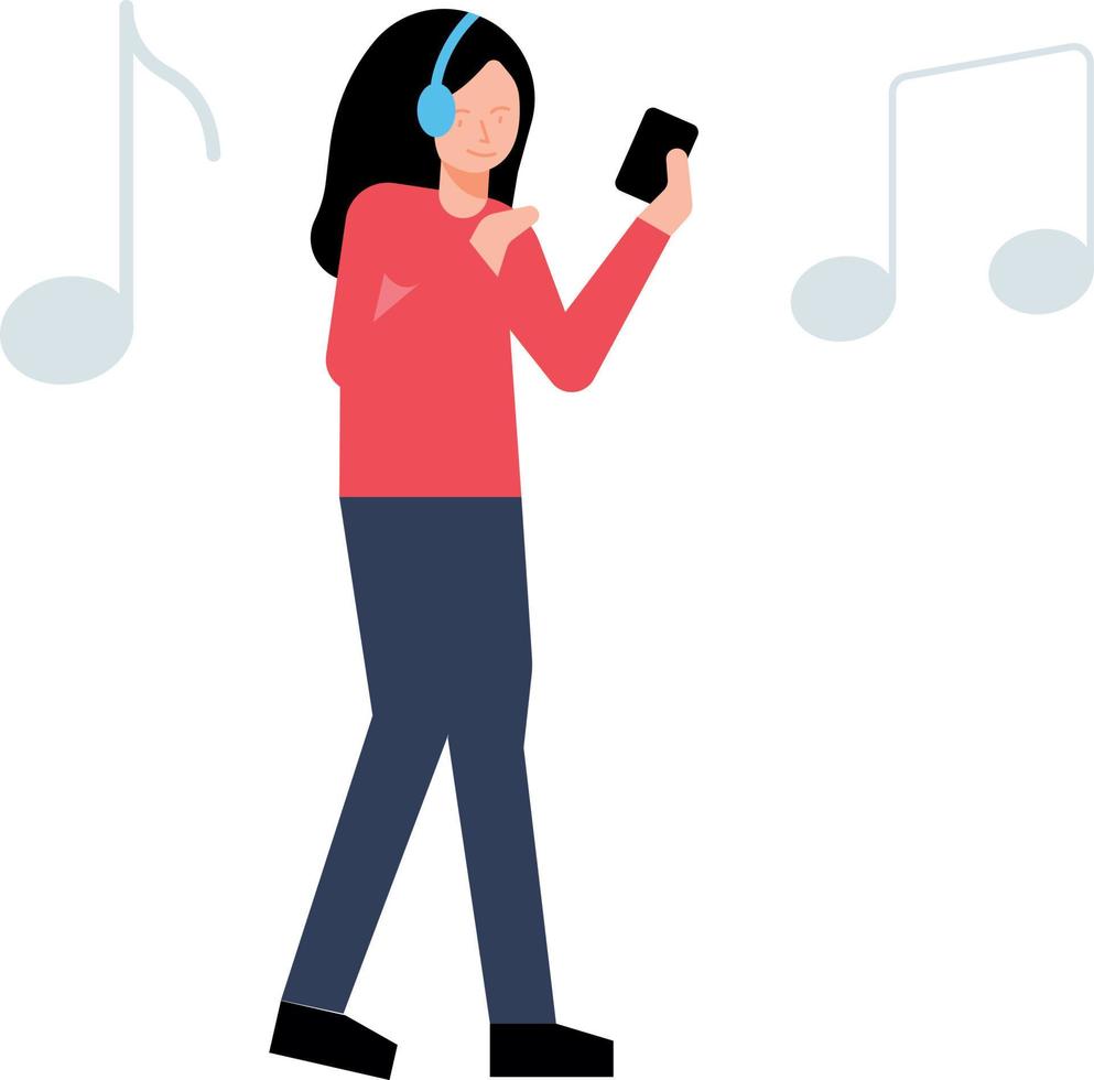 niña vistiendo auriculares disfrutando música. vector