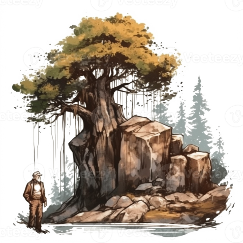 Aquarell Gemälde von alt Mann und groß Baum png