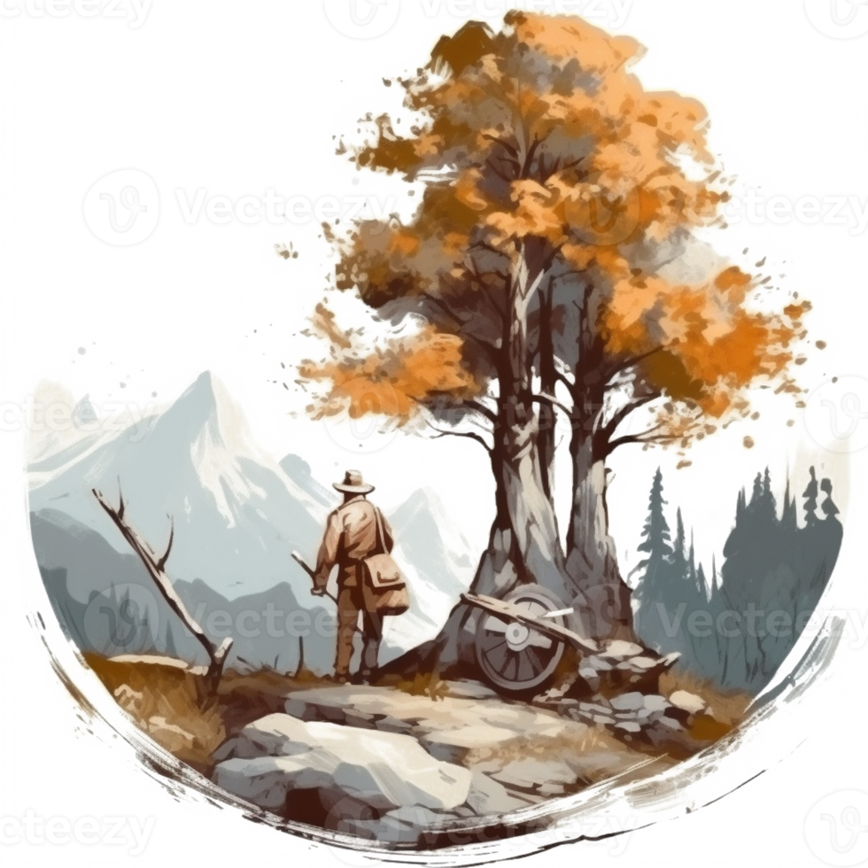 acuarela pintura de antiguo hombre y grande árbol png