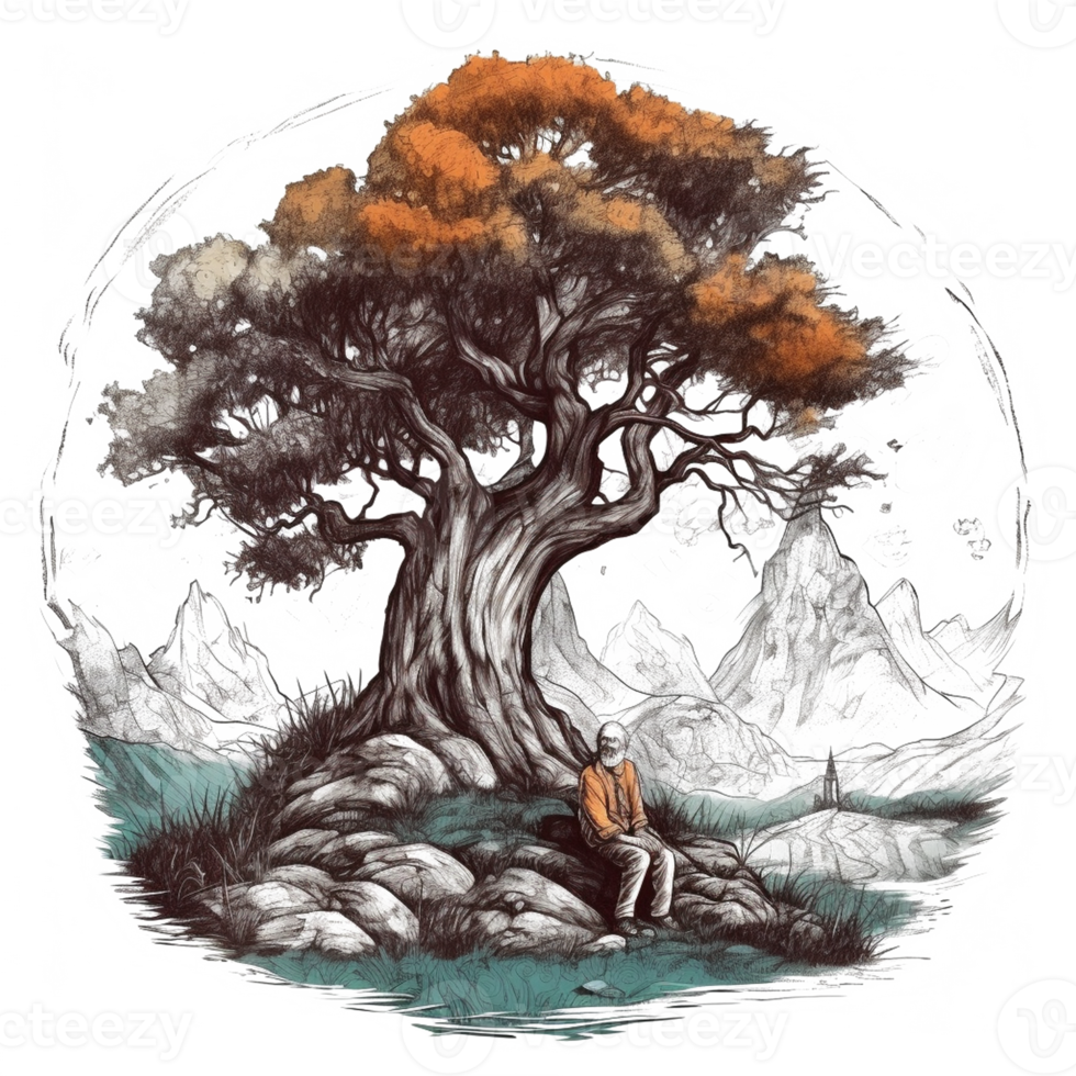 Aquarell Gemälde von alt Mann und groß Baum png