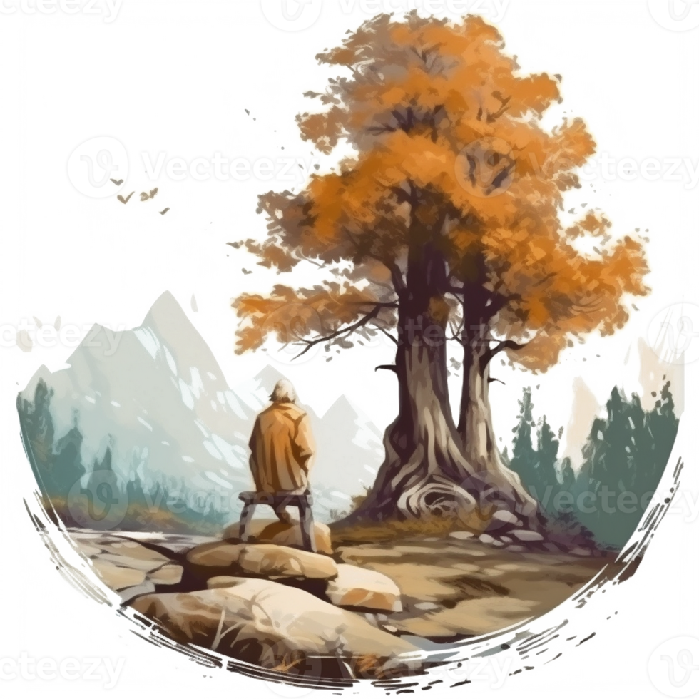 acquerello pittura di vecchio uomo e grande albero png