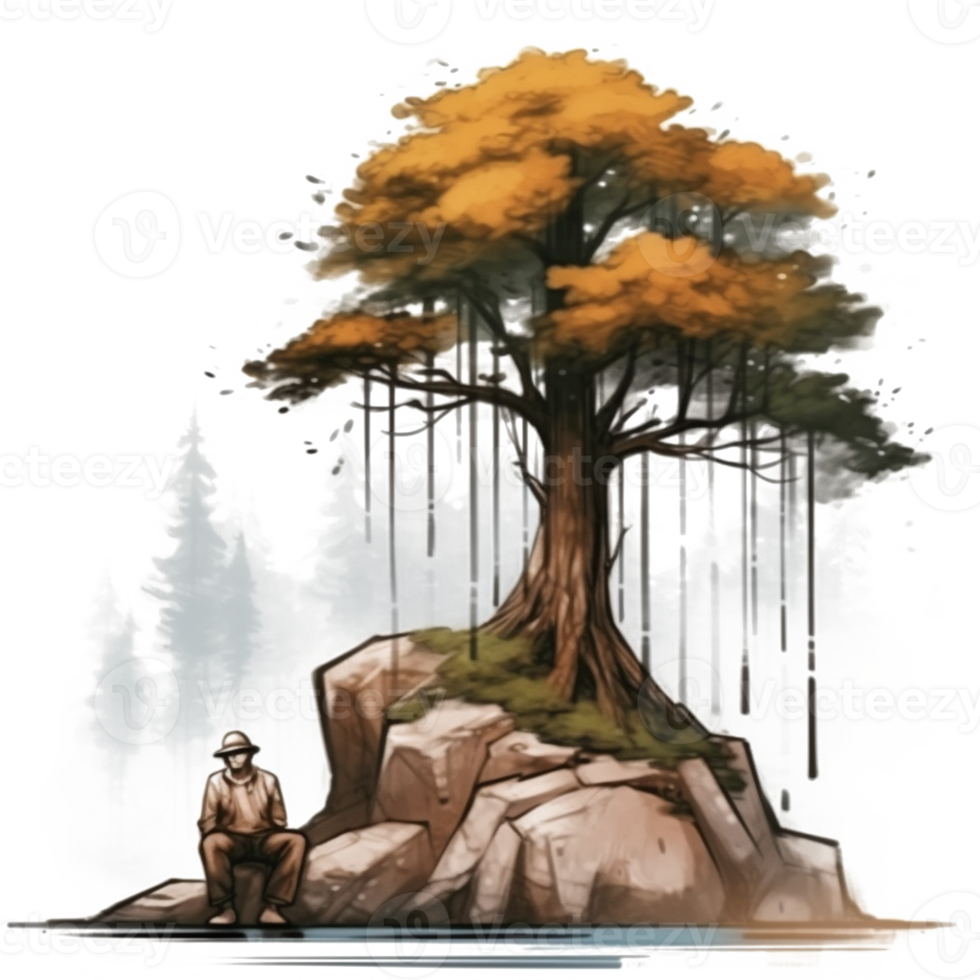 Aquarell Gemälde von alt Mann und Baum png