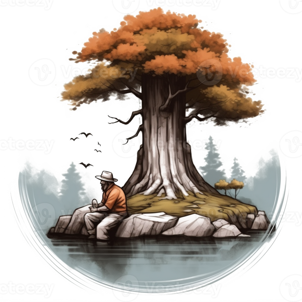 Watercolor painting of old man and big tree png