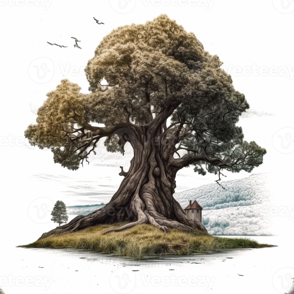 Watercolor painting of old man and big tree png