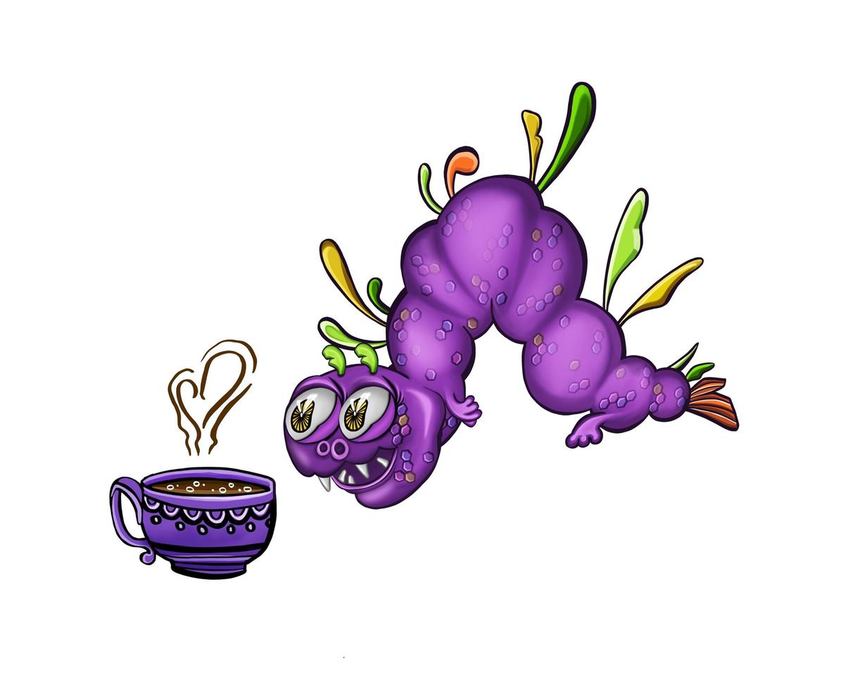 Smiling caterpillar runs to a cup of coffee. High quality illustration photo