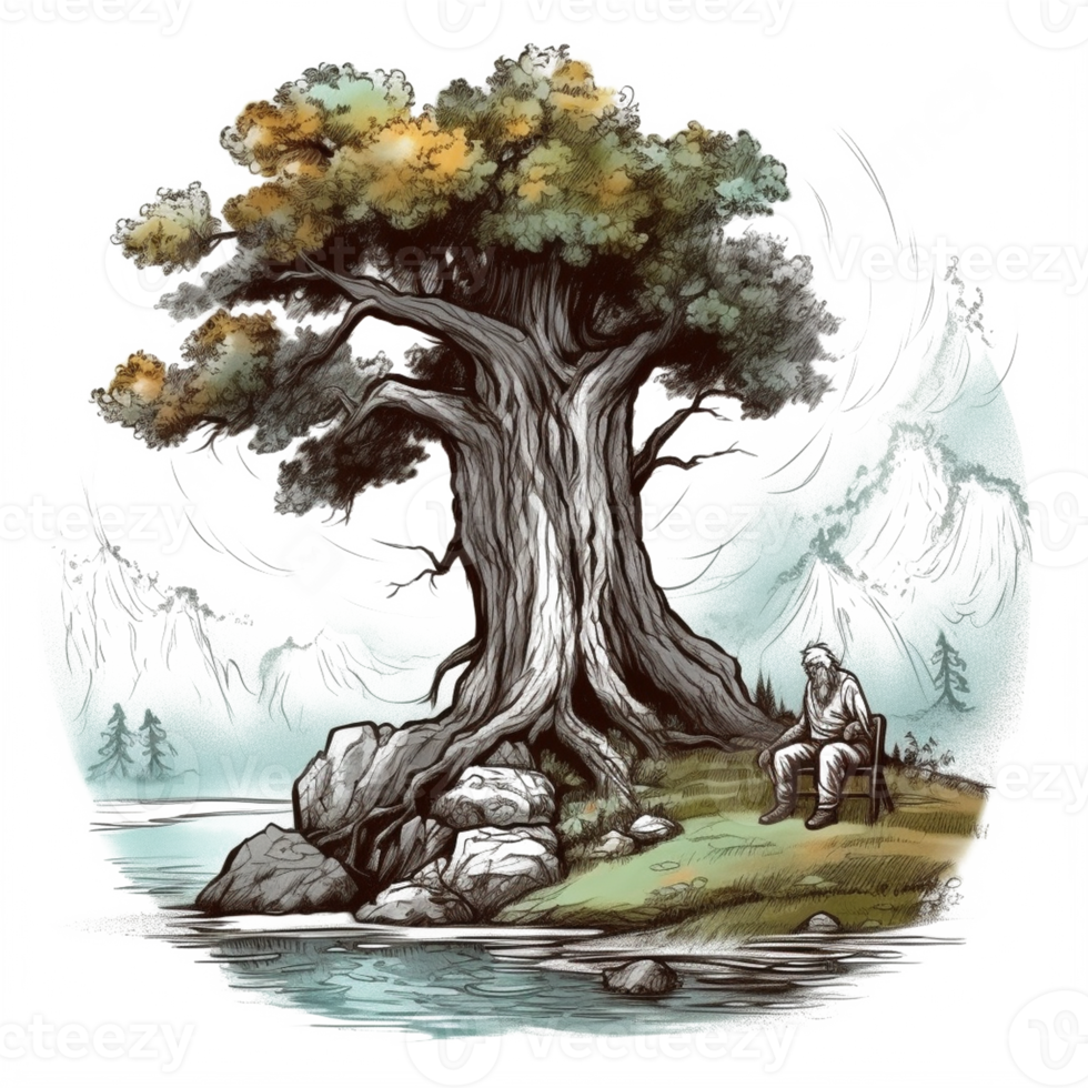 Watercolor painting of old man and tree png