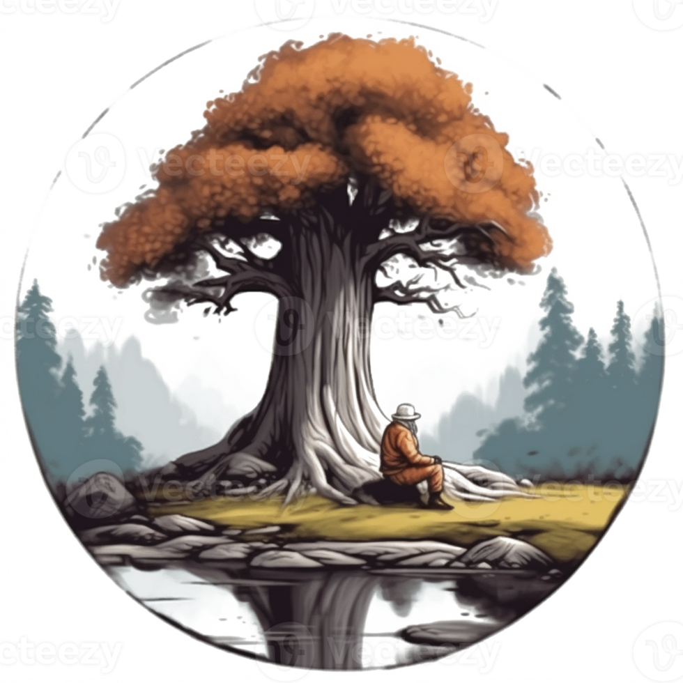 Watercolor painting of old man and tree png