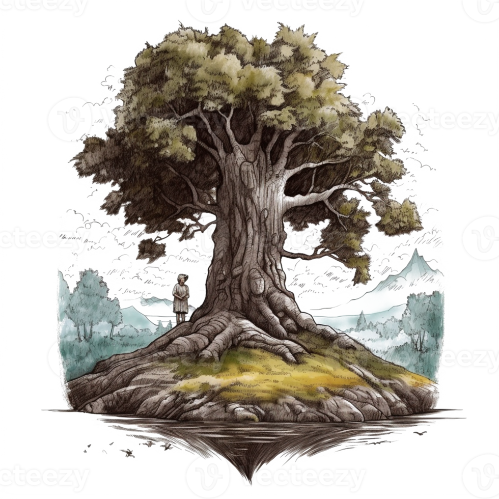 Aquarell Gemälde von alt Mann und groß Baum png