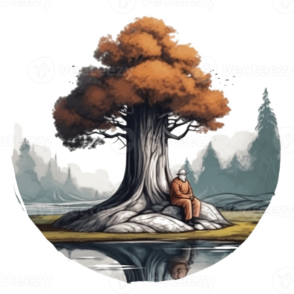 Watercolor painting of old man and tree png