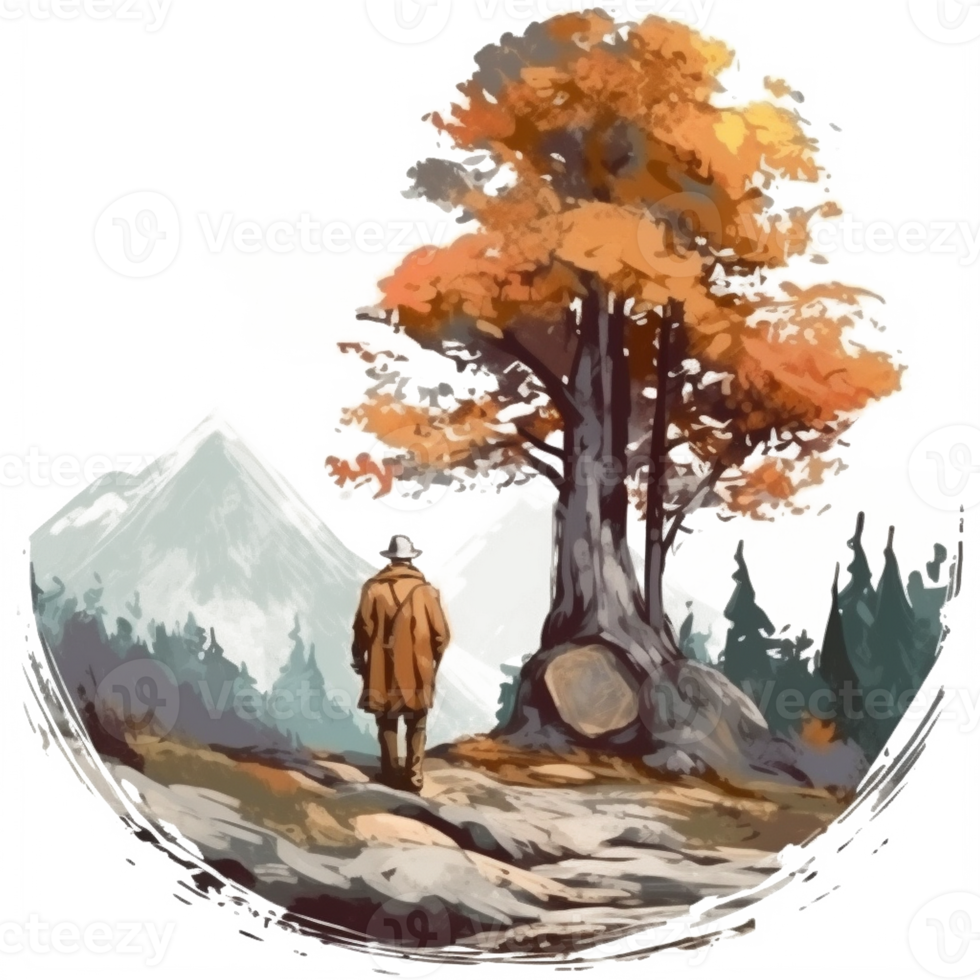 Watercolor painting of old man and big tree png