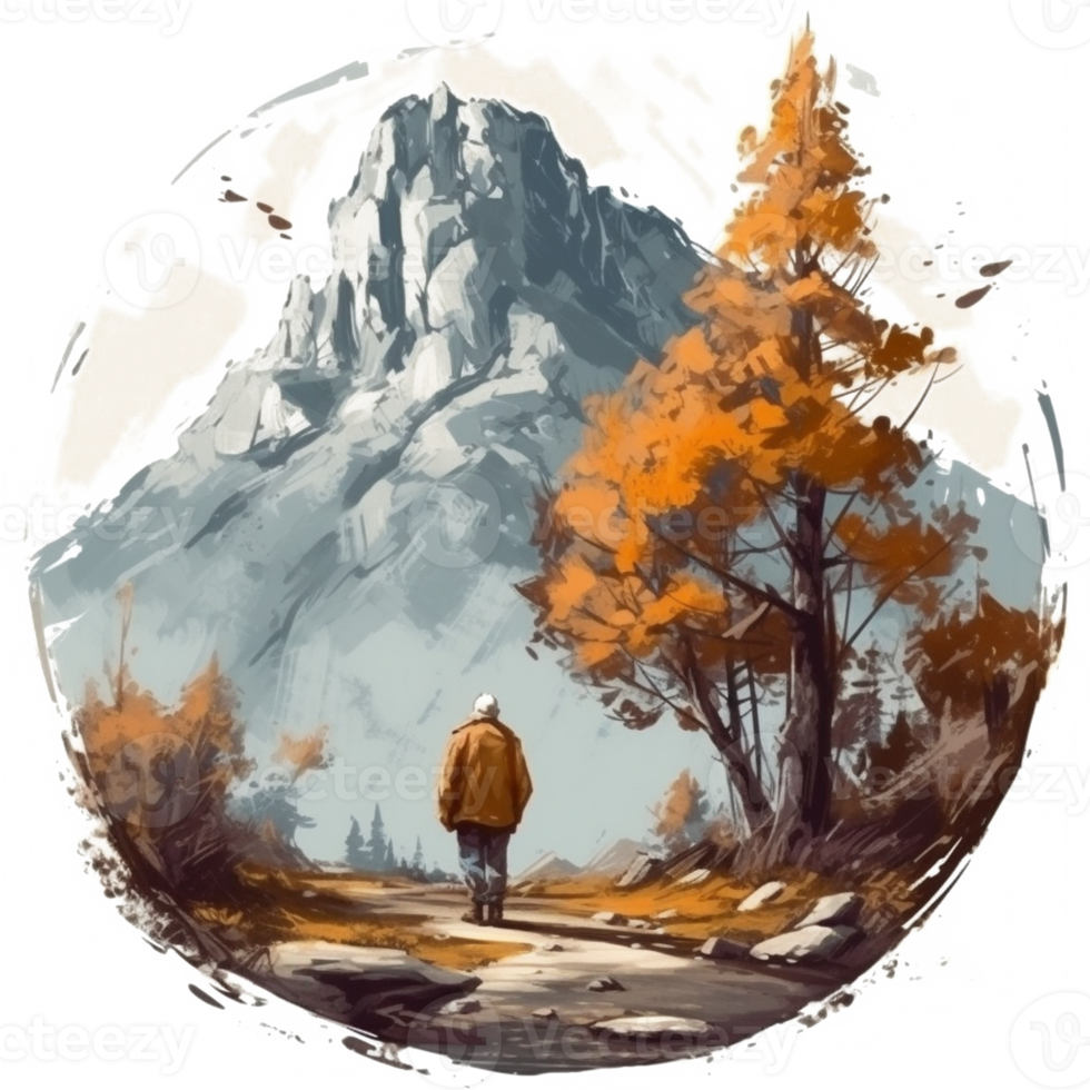 Watercolor painting of old man and big tree png