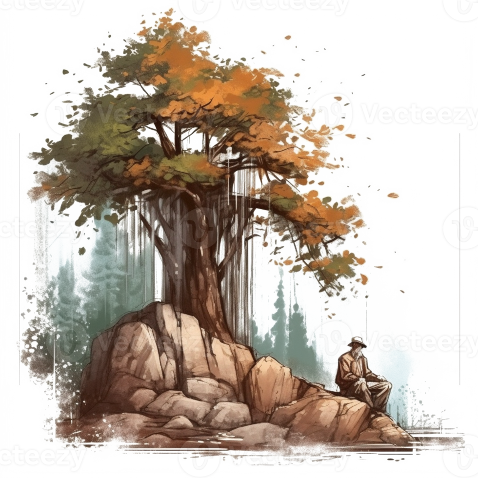 Watercolor painting of old man and big tree png