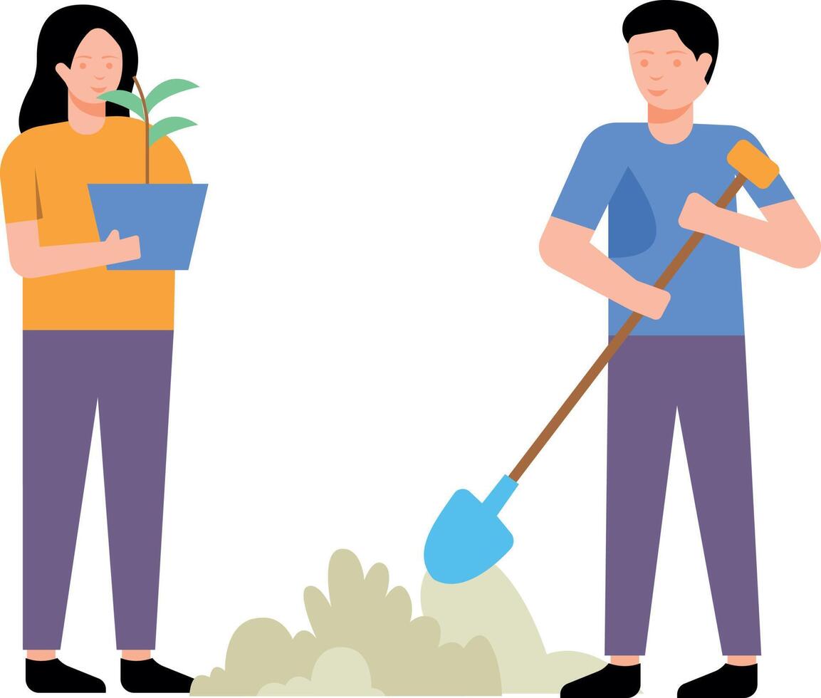 A boy and a girl are planting plants. vector