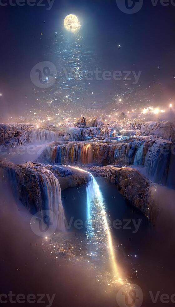 waterfall at night with a full moon in the sky. . photo